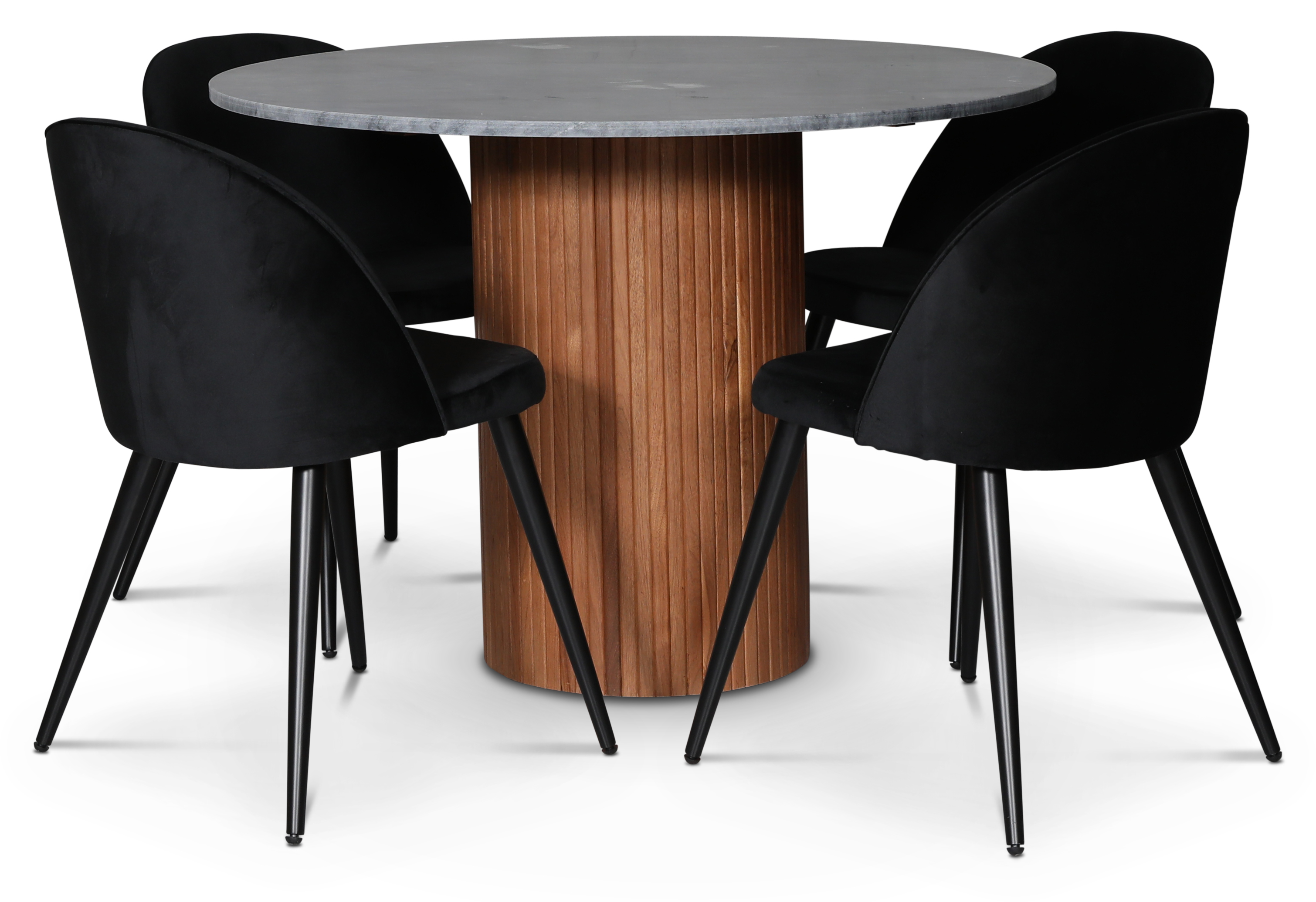 Decibel spisegruppe; rundt spisebord + 4 stk Alice stoler svart fl�yel