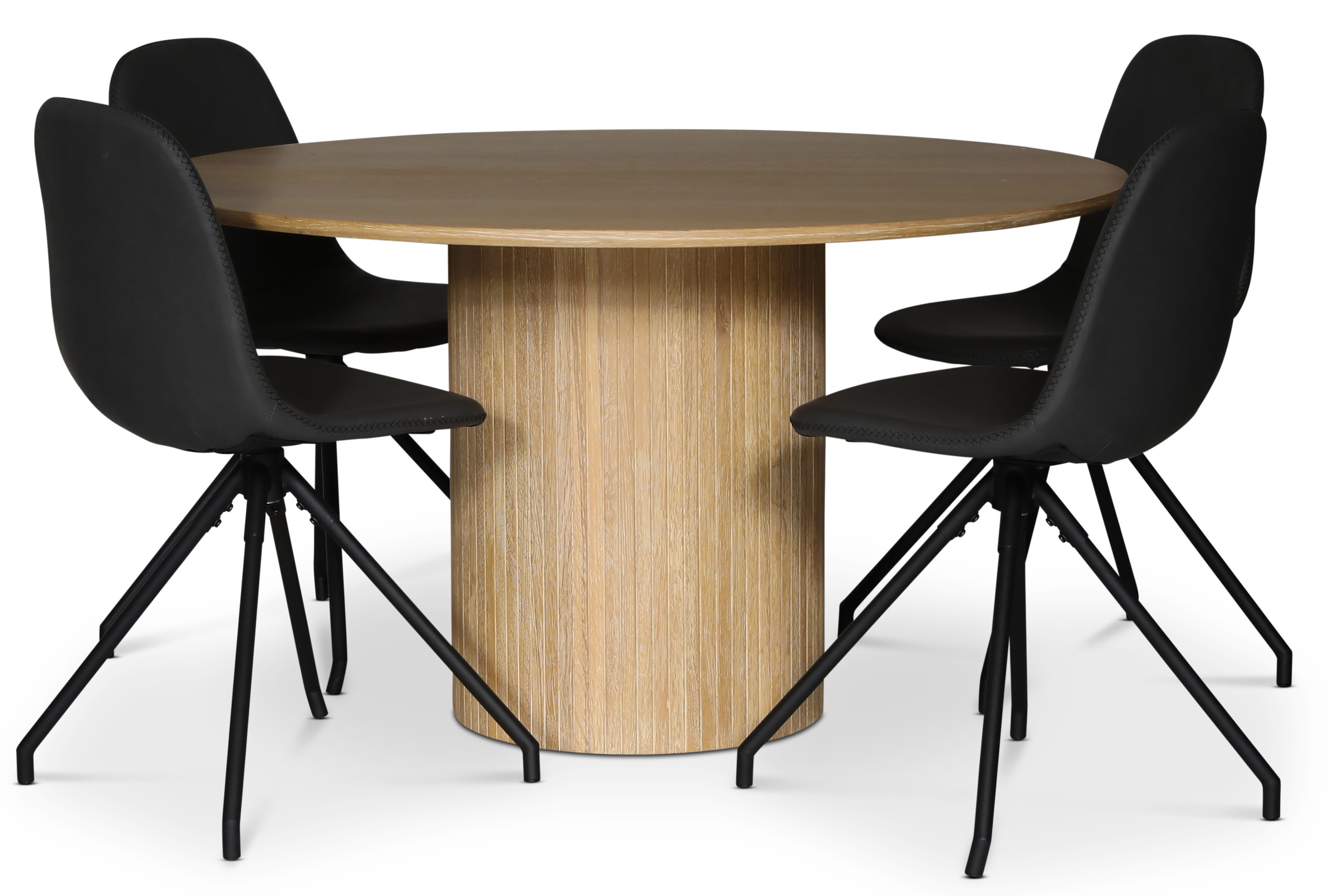 spisegruppe i Nordansjöen; rundt spisebord Ø130 cm + 4 stk Bridge spisestoler, svart PU spisegruppe i Nordansjöen; rundt spisebord Ø130 cm + 4 stk Bridge spisestoler, svart PU