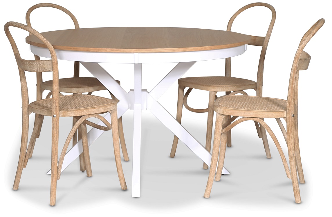 Troms� spisegruppe; rundt spisebord Hvit / Eik med 4 stk Danderyd No.16 spisestoler whitewash