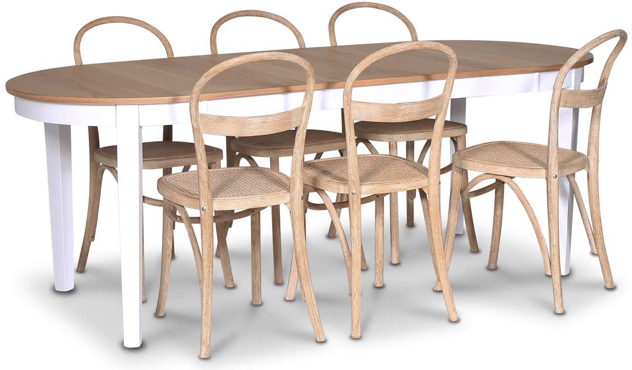 F�r� spisegruppe; Ovalt spisebord 160-210 cm - Hvit / Oljet eik med 6 stk Danderyd No.16 spisestoler whitewash