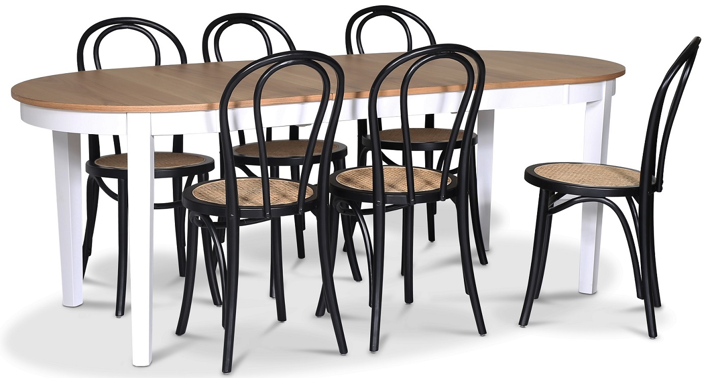 Fårö spisegruppe; Ovalt spisebord 160-210 cm - Hvit / Oljet eik med 6 stk Danderyd No.18 spisestoler Svart Fårö spisegruppe; Ovalt spisebord 160-210 cm - Hvit / Oljet eik med 6 stk Danderyd No.18 spisestoler Svart