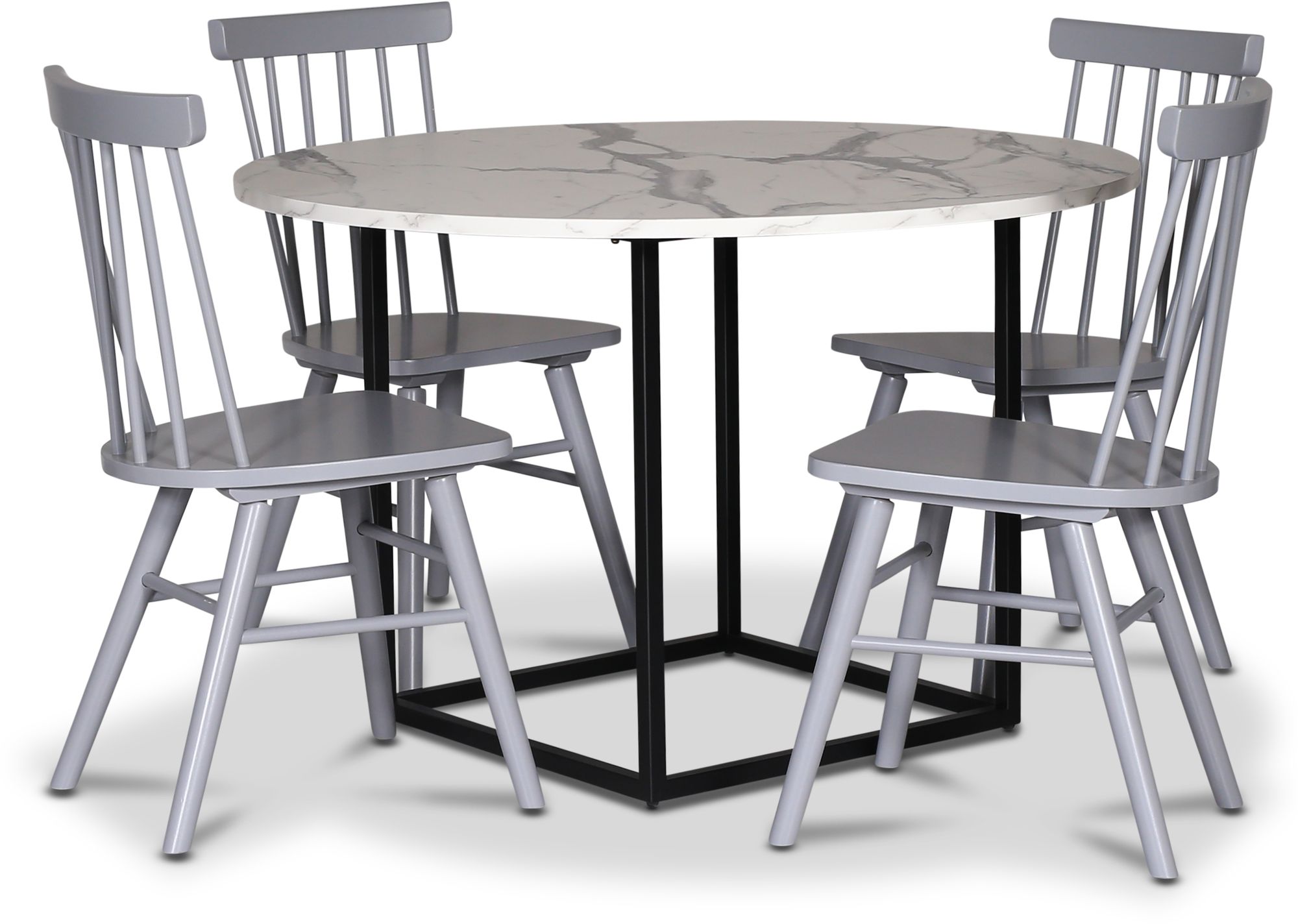 Sintorp spisegruppe, rundt spisebord �115 cm inkludert 4 stk. gr� Orust pinnestoler - Hvit marmor (Laminat)