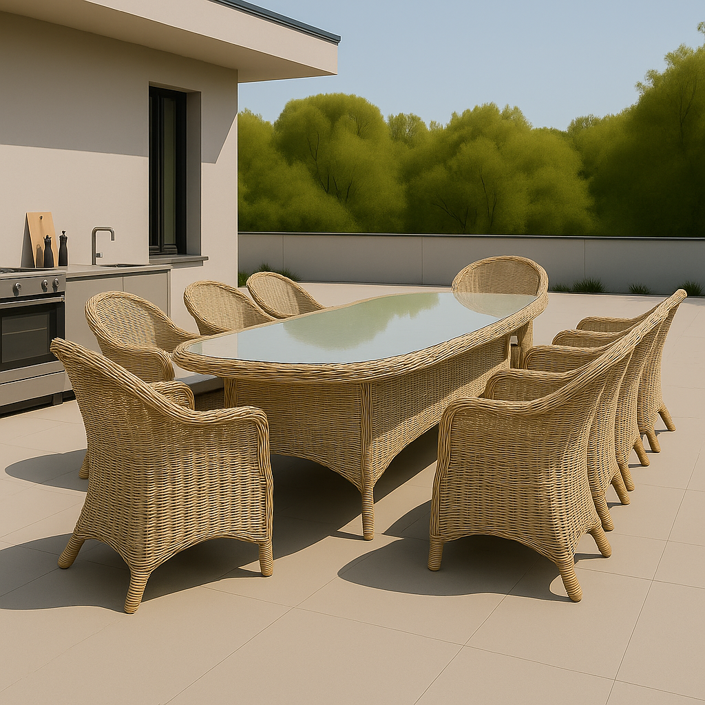 Utendørsgruppe: 8 stoler og spisebord 230 x 100 cm rotting - Menton/Merkur Utendørsgruppe: 8 stoler og spisebord 230 x 100 cm rotting - Menton/Merkur