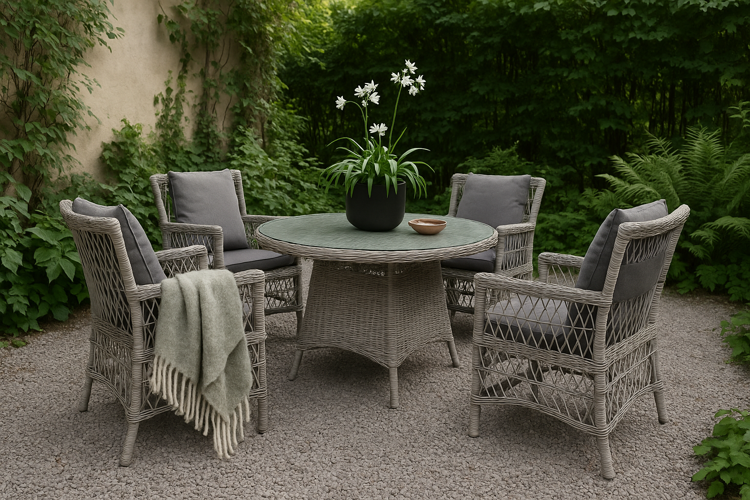 Utend�rsgruppe; 4 stoler og spisebord �110 cm gr�/rotting - Jacksonville/Provence