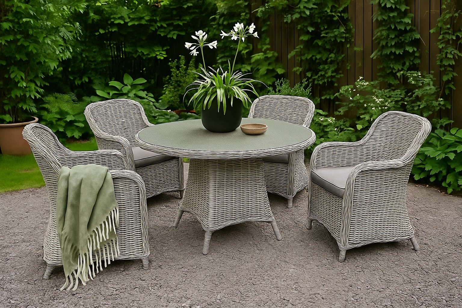 Spisegruppe; 4 stoler og spisebord �110 cm gr�/rotting