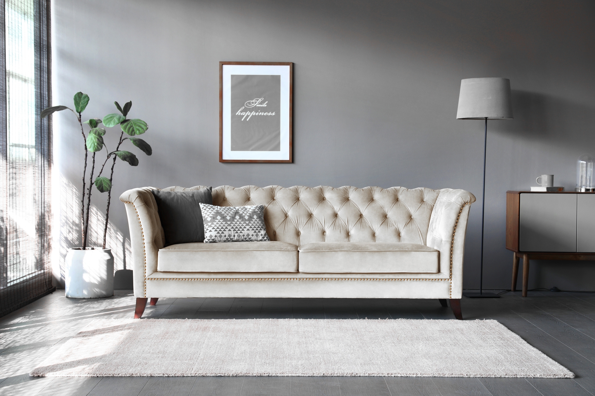 Milton Chesterfield 3-seter sofa - Beige fl�yel