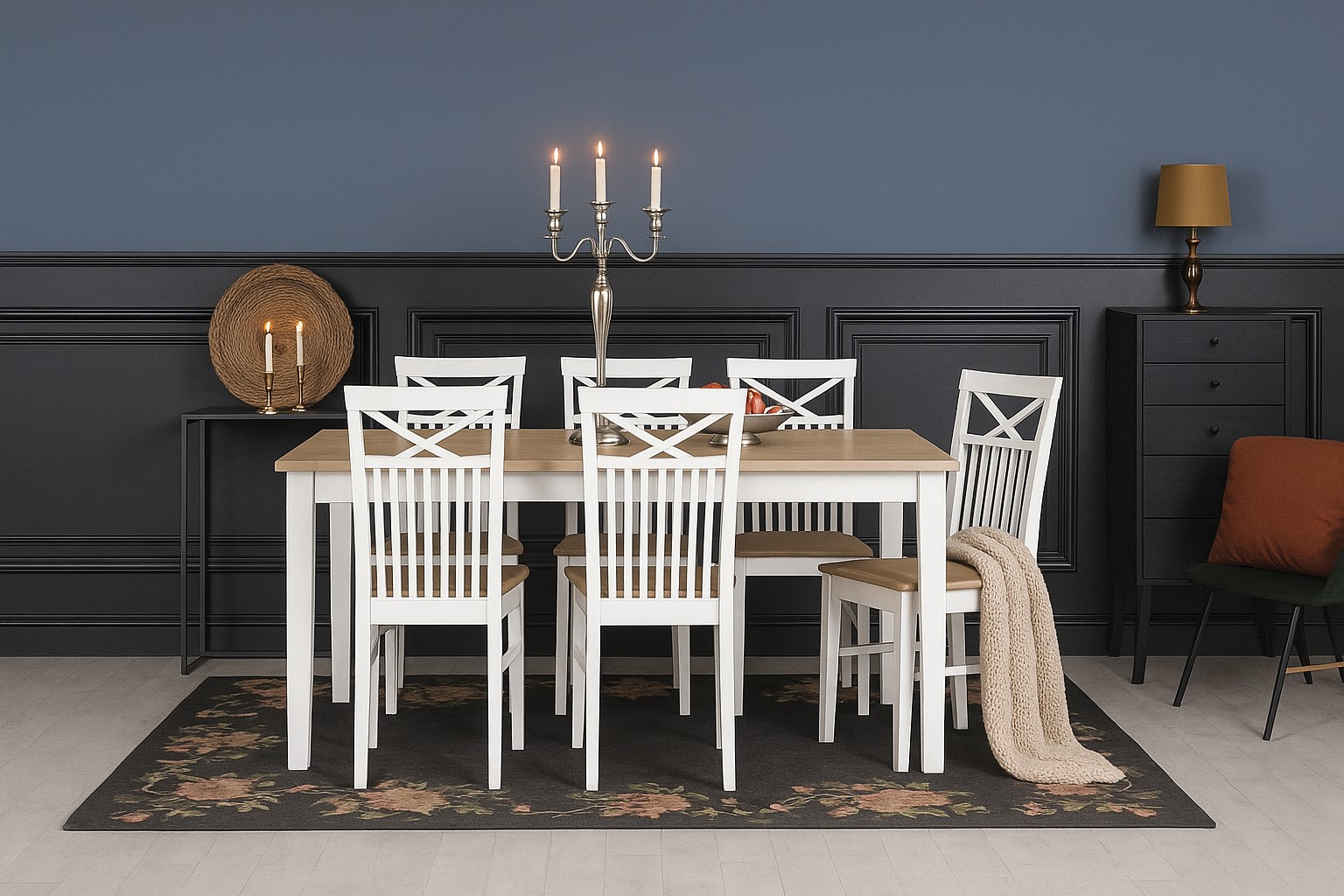 Spisegruppe; Bord med 6 stoler med seter - Hvit / Oljet eik - Dal�n