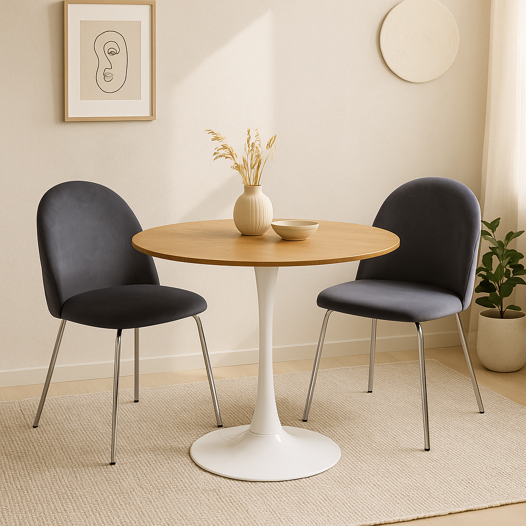 Spisegruppe Sumner 80 cm eik/hvit med 2 Plaza-stoler i gr flyel