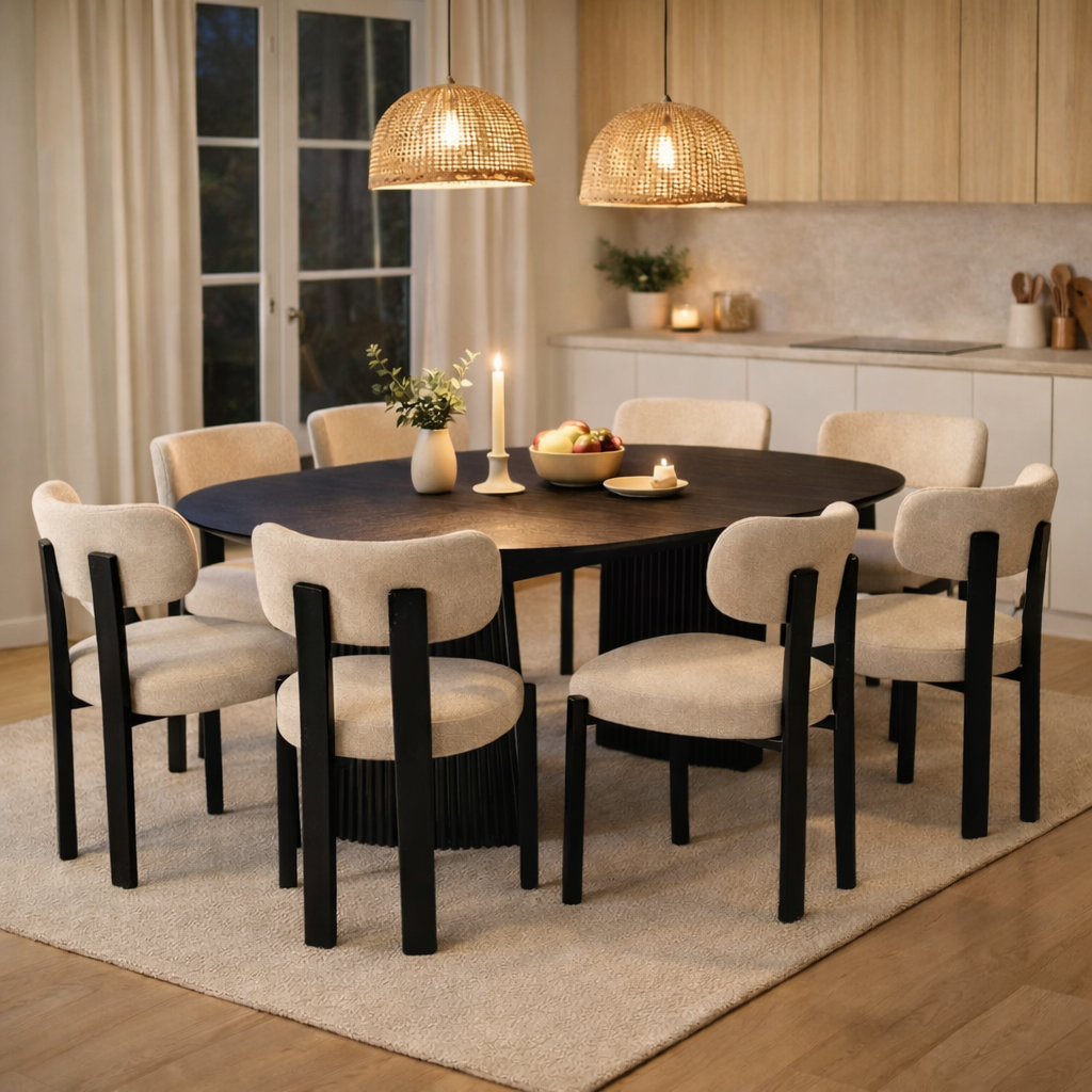 Spisegruppe Crossby uttrekkbart bord �120-200cm i svartbeiset eik med 8 Callum spisestoler i beige stoff