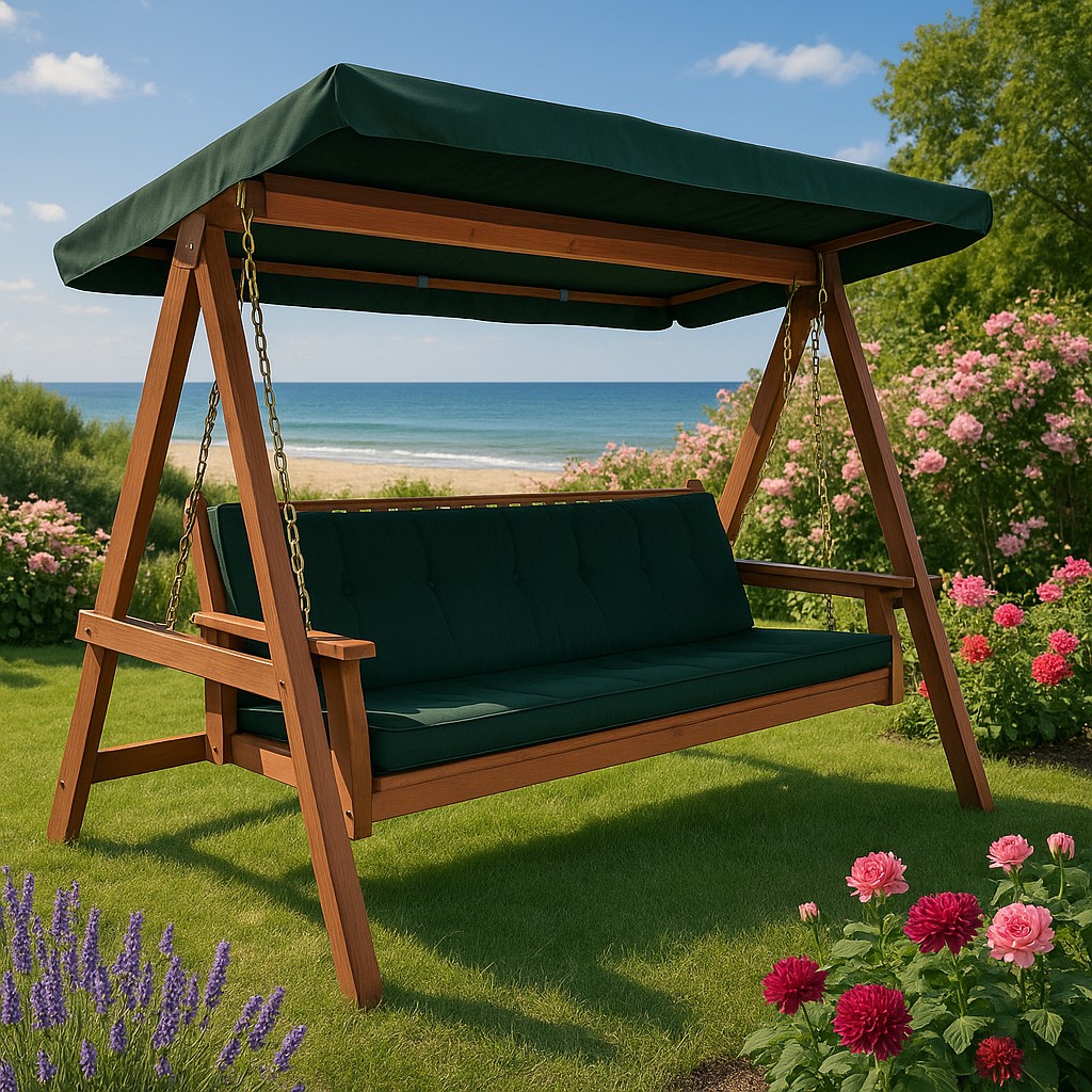 Sammenleggbar hengekøye i tre med grønt tak Sammenleggbar hengekøye i tre med grønt tak