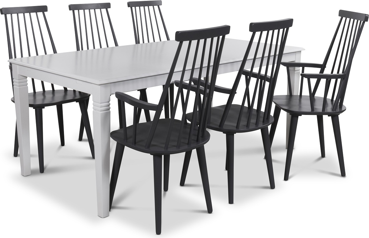 Mellby spisegruppe 180 cm bord med 6 stk gr� Dalsland Cane stoler med armlener