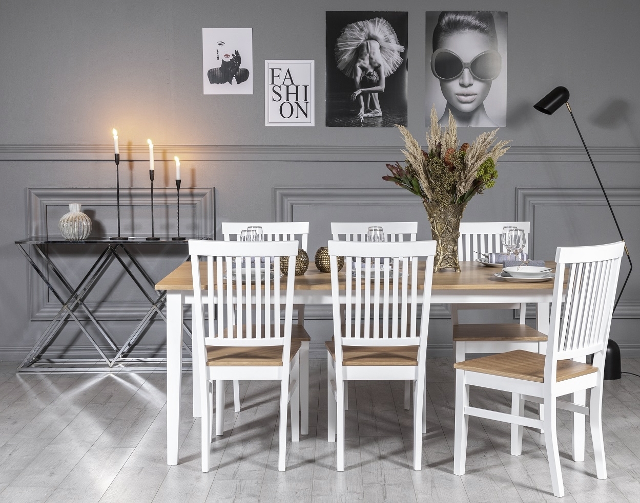 F�r� spisegruppe: Bord 180 cm inkludert 6 stk F�r� stoler - Eik/hvit