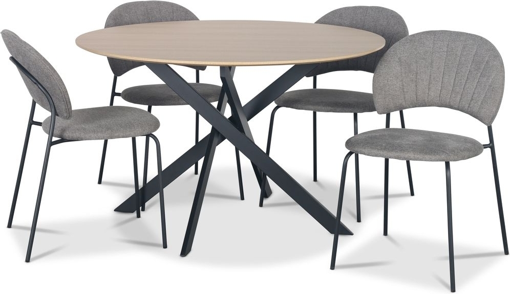 Hogrän spisegruppe Ø120 cm bord i lyst tre + 4 stk Hogrän grå stoler Hogrän spisegruppe Ø120 cm bord i lyst tre + 4 stk Hogrän grå stoler