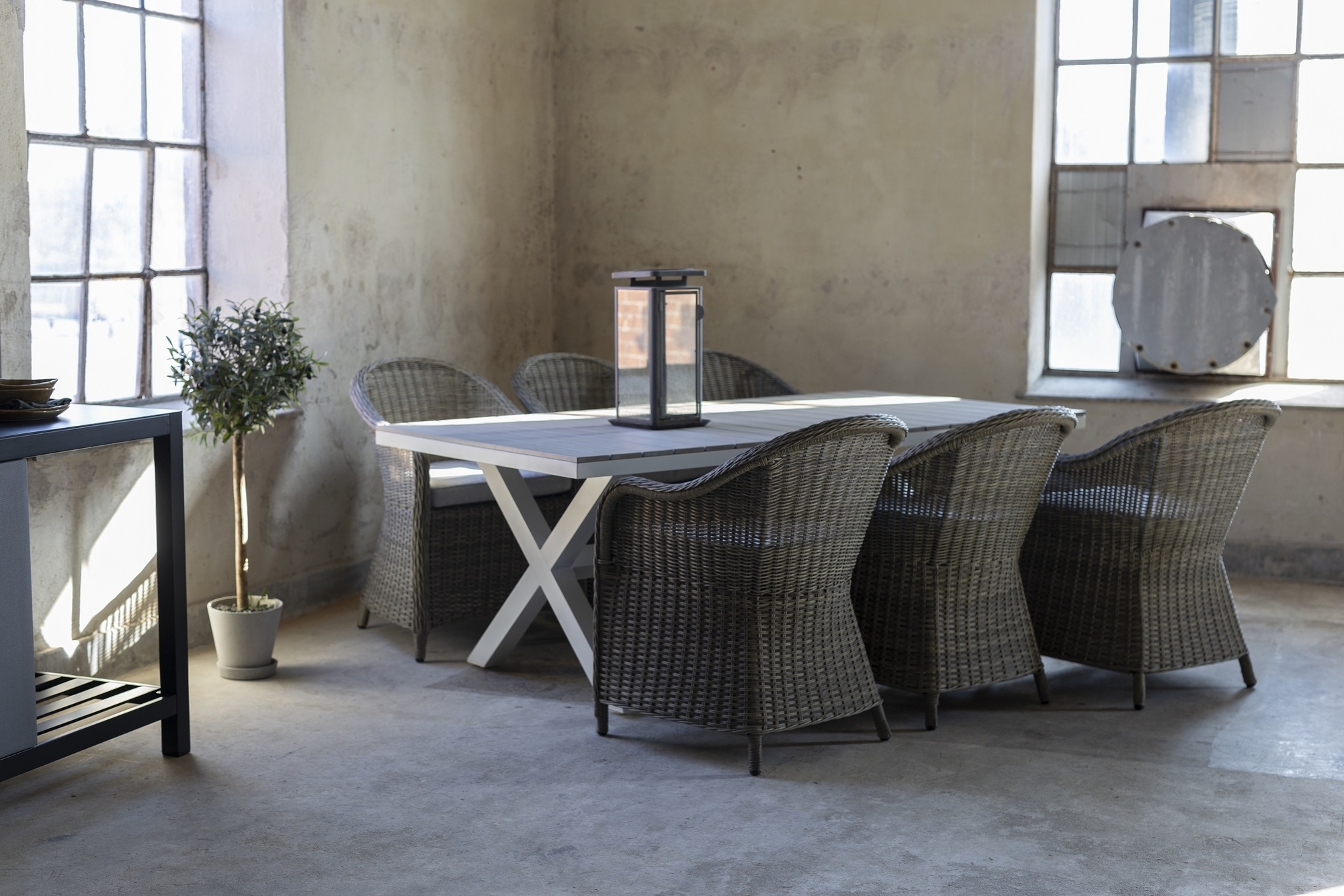 spisegruppe Kvikks�lvbord inkl 6 lenestoler - Kunstrotting/beige + Tekstilpleie for m?bler