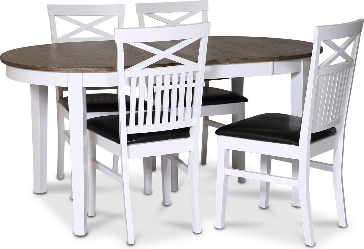 Skagen spisegruppe; spisebord 160/210x90 cm - Hvit / brunoljet eik med 4 stk F�r� stoler med kryss, PU-sete