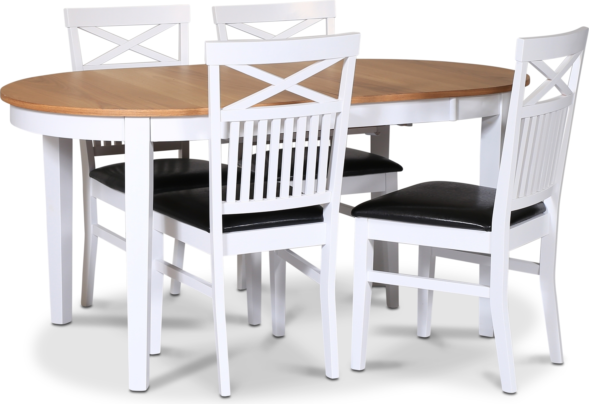 Fårö spisegruppe; spisebord 160/210x90 cm - Hvit / oljet eik med 4 Fårö stoler krysser i ryggen og sete i svart PU Fårö spisegruppe; spisebord 160/210x90 cm - Hvit / oljet eik med 4 Fårö stoler krysser i ryggen og sete i svart PU