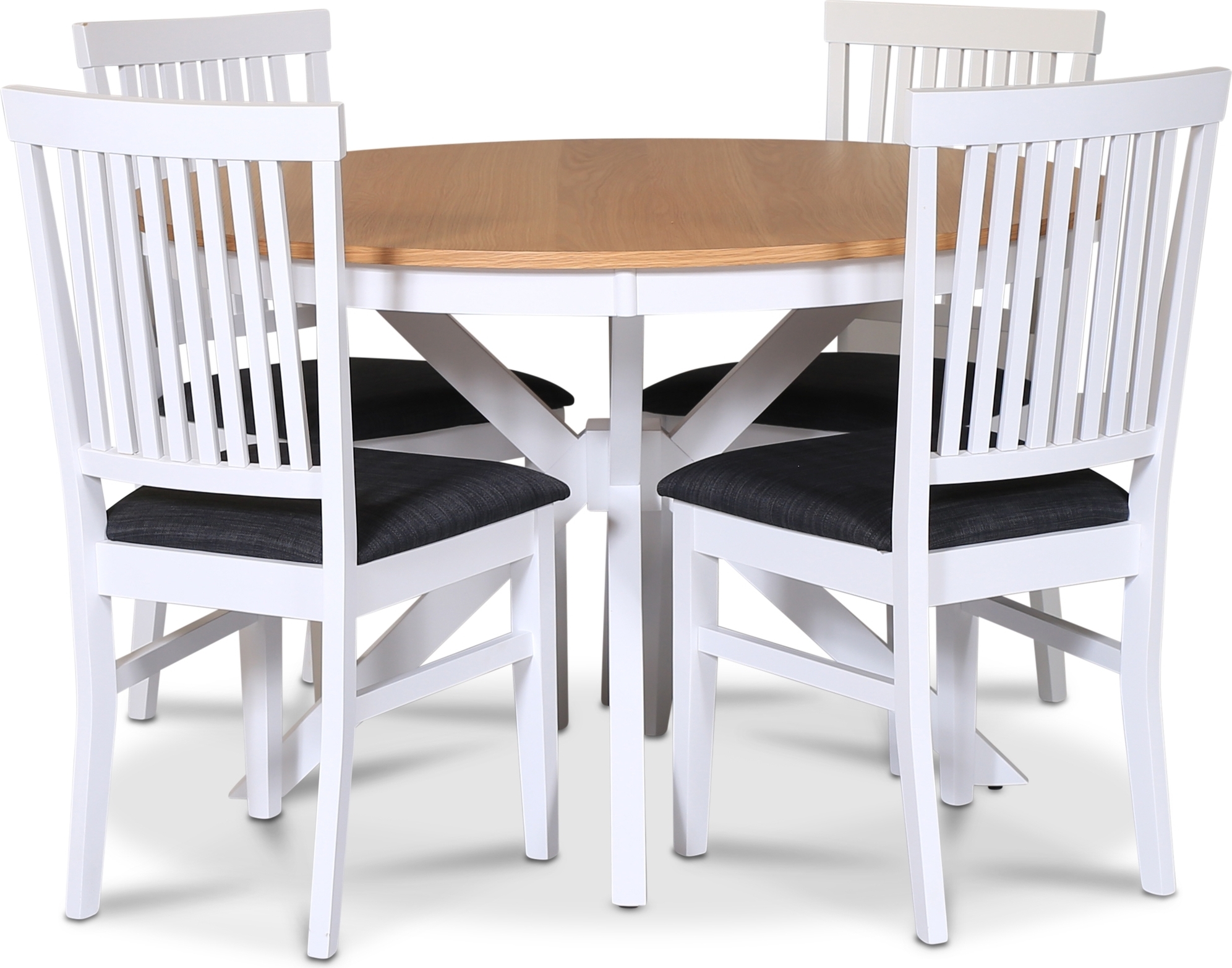 Troms� spisegruppe; rundt spisebord 120 cm - Hvit / oljet eik med 4 F�r� stoler med sete i gr�tt stoff