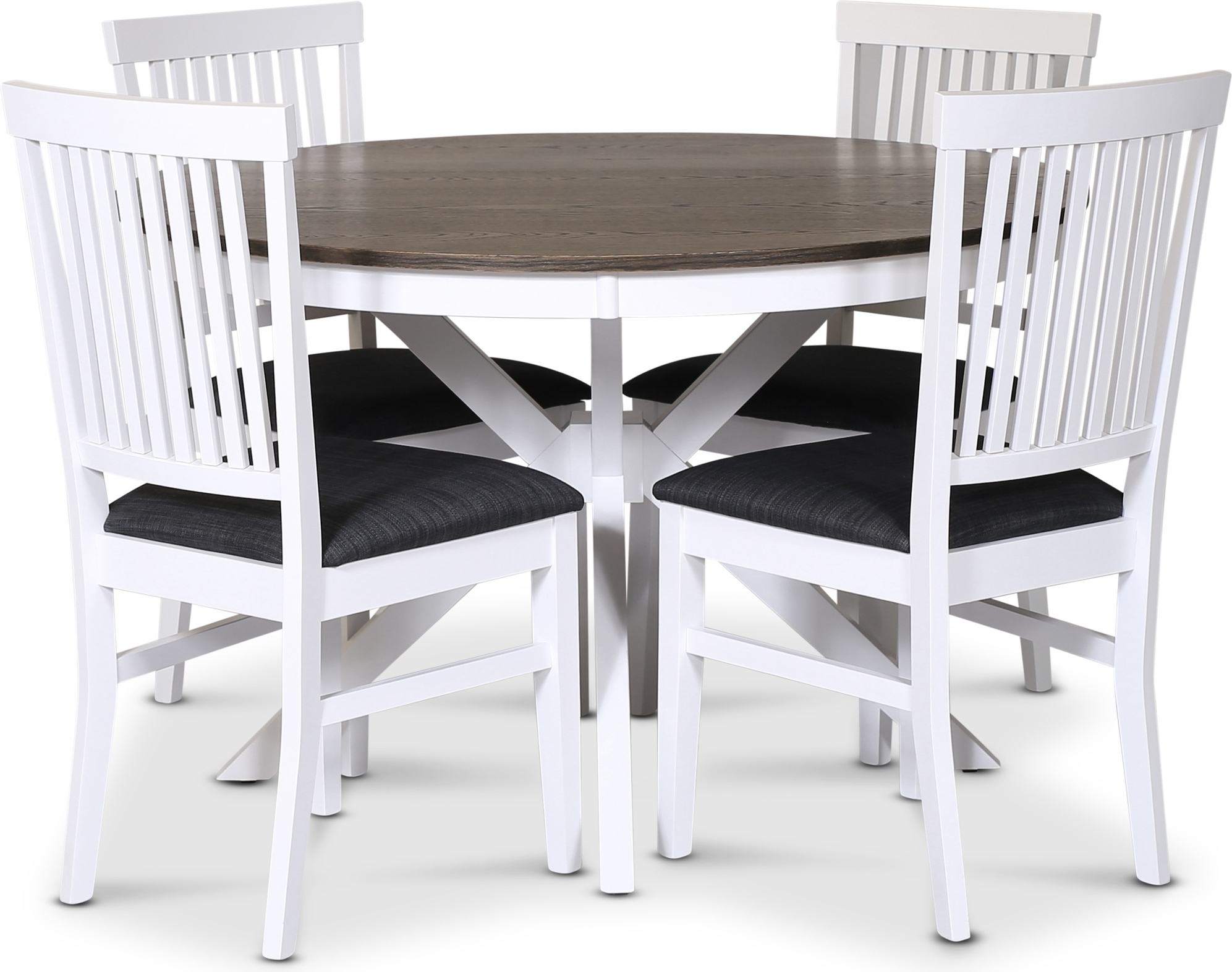 Skagen spisegruppe; rundt spisebord Ø120 cm - Hvit / brunoljet eik med 4 Fårö stoler (Ribber i ryggen) med grått stoffsete Skagen spisegruppe; rundt spisebord Ø120 cm - Hvit / brunoljet eik med 4 Fårö stoler (Ribber i ryggen) med grått stoffsete
