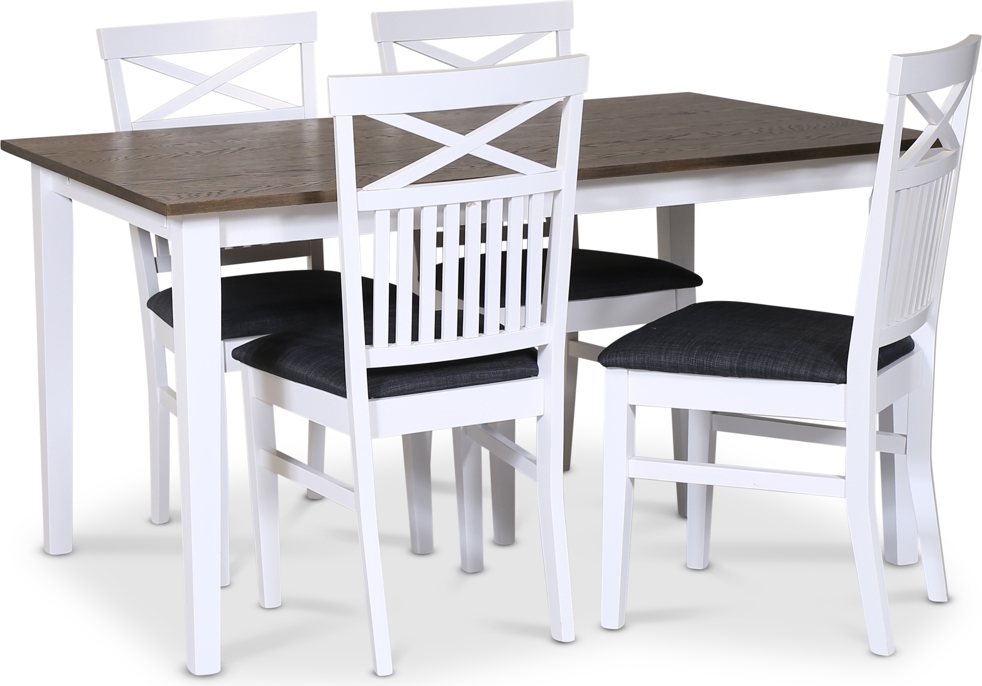 Skagen spisegruppe; klassisk spisebord 140x90 cm - Hvit / brunoljet eik med 4 Skagenstoler (Kryss i ryggen) med grått stoffsete Skagen spisegruppe; klassisk spisebord 140x90 cm - Hvit / brunoljet eik med 4 Skagenstoler (Kryss i ryggen) med grått stoffsete