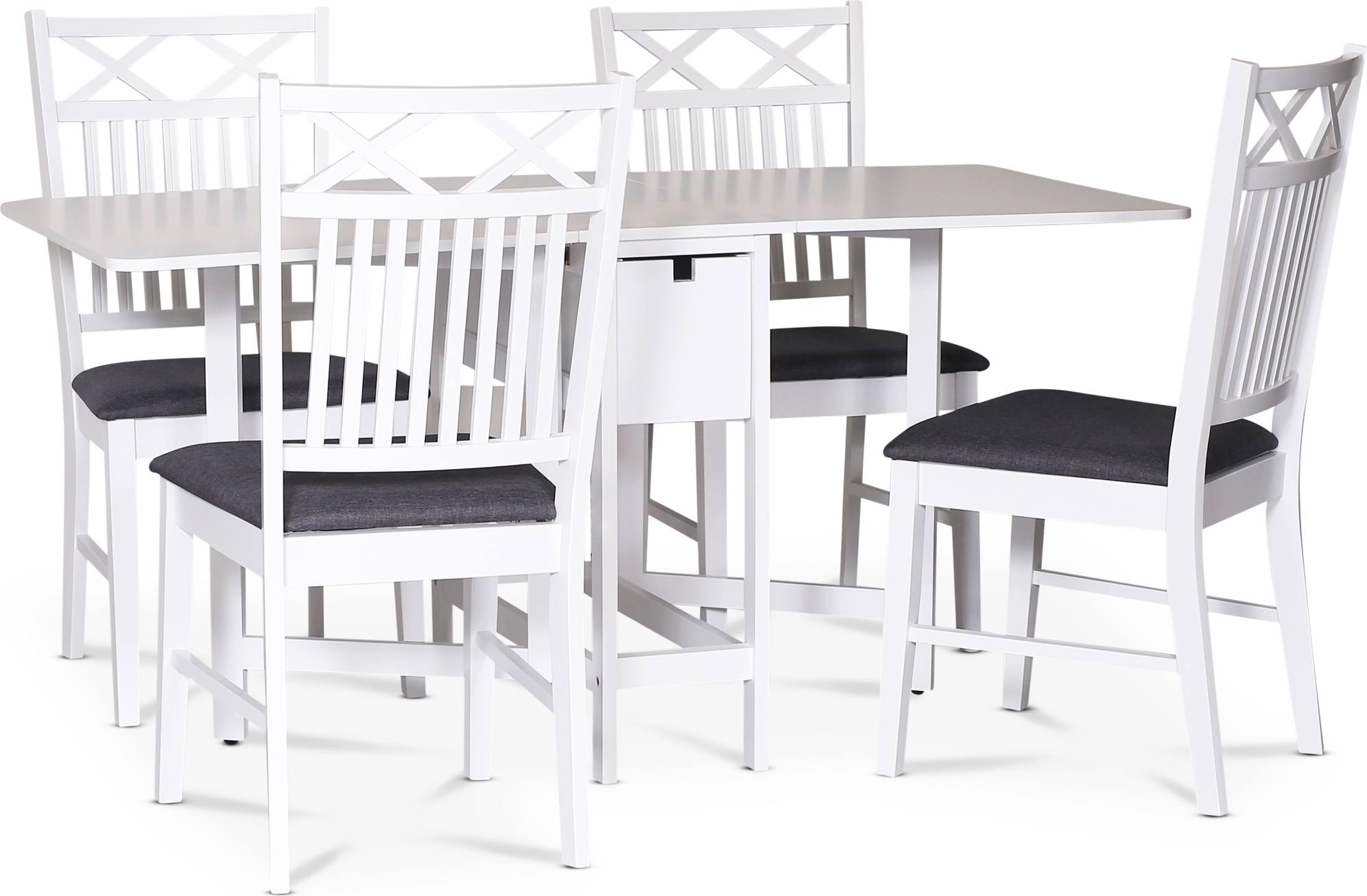 Sandhamn spisegruppe; Klaffbord med 4 stoler med doble kryss i ryggen