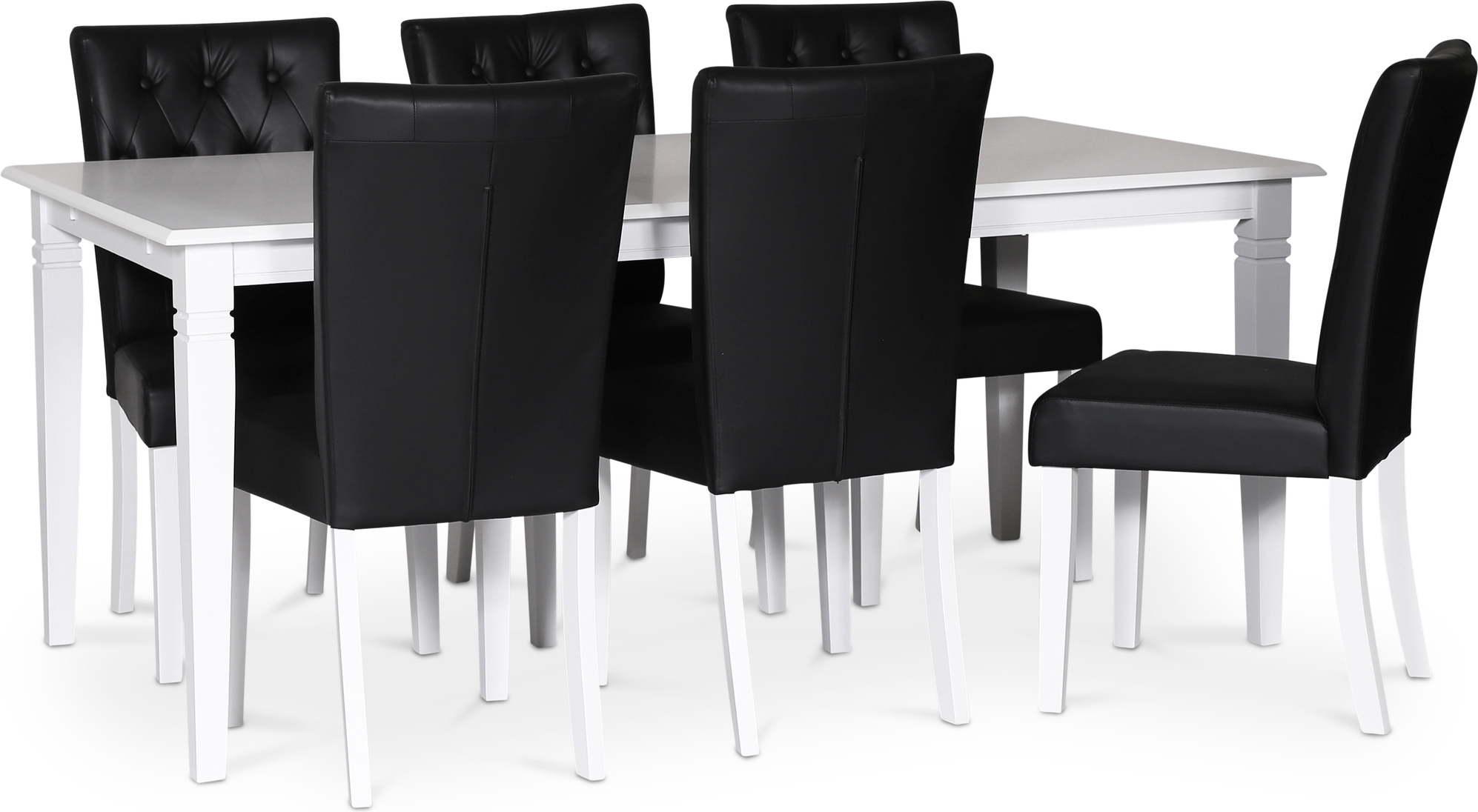 Sandhamn spisegruppe; 180x95 cm bord med 6 Crocket spisestoler i svart PU