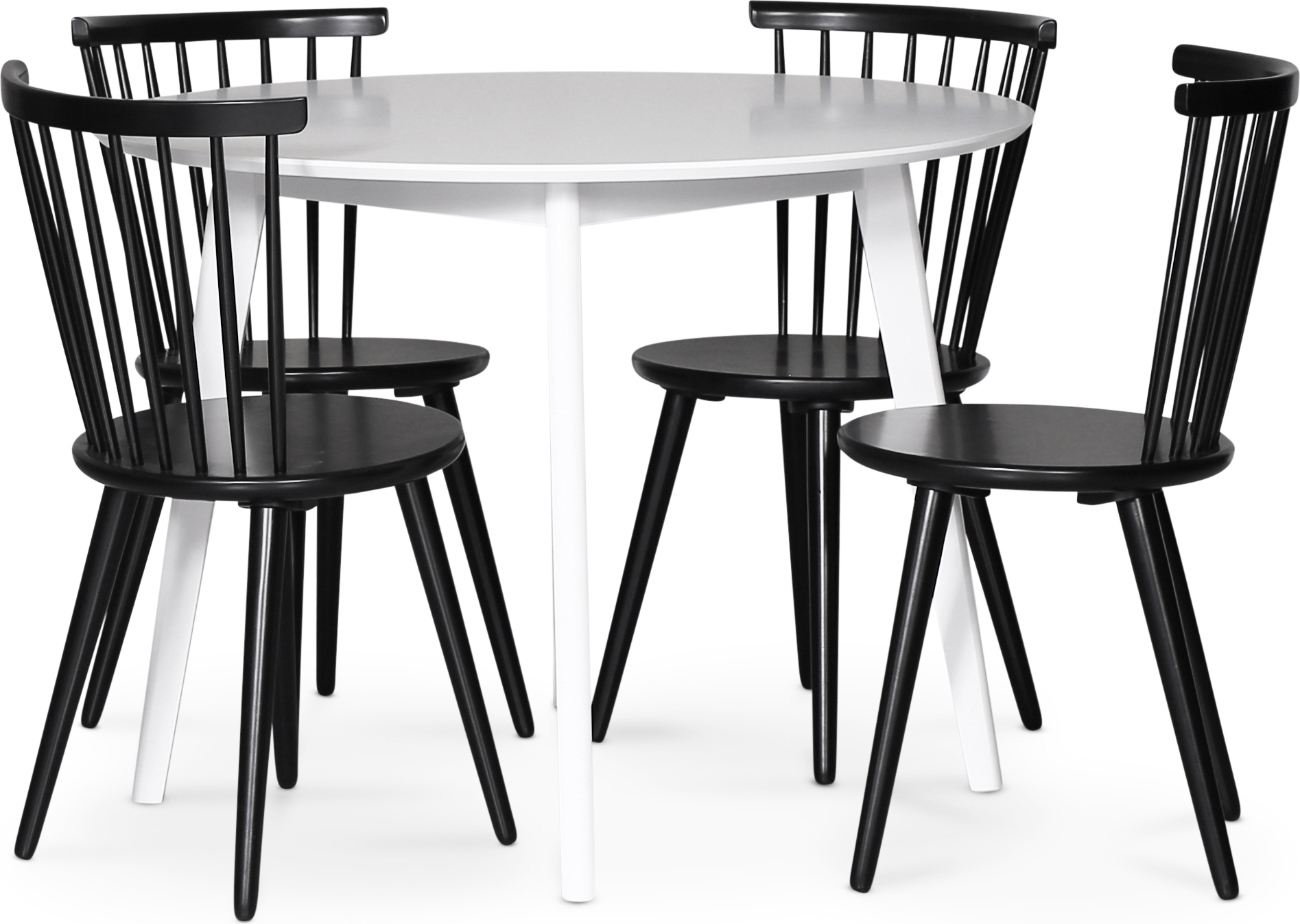 Sandhamn spisegruppe; rundt spisebord med 4 svarte Castor spisestoler