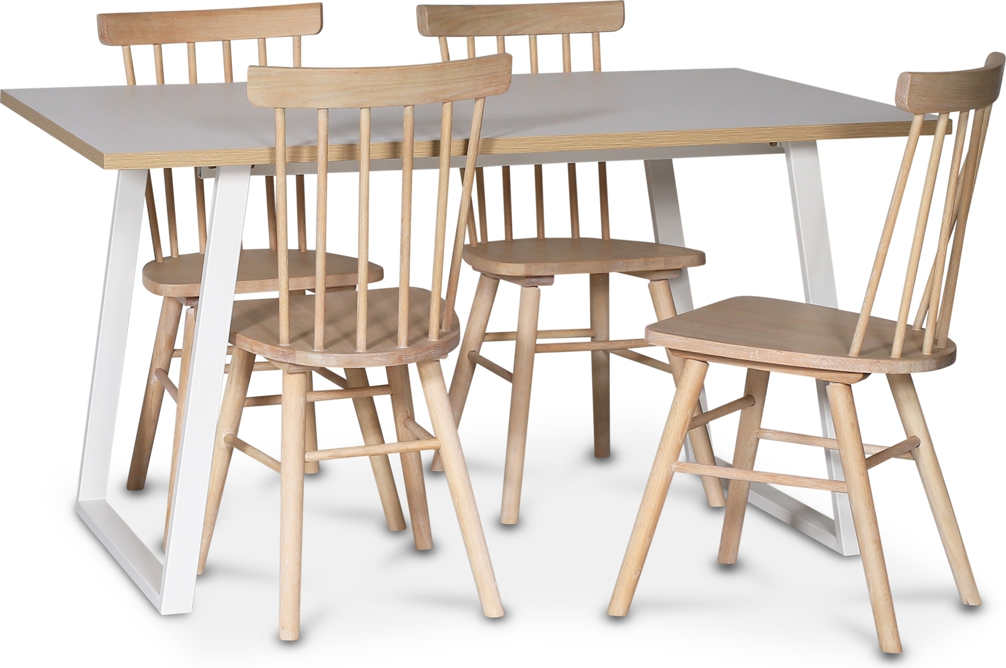 Edge spisegruppe; Spisebord i hvit HPL 140x90 cm med 4 Orust stokkstoler i hvitvask