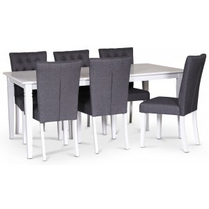 Sandhamn spisegruppe; 180x90 cm bord med 6 Crocket spisestoler i grtt stoff + 4.00 x Mbelftter
