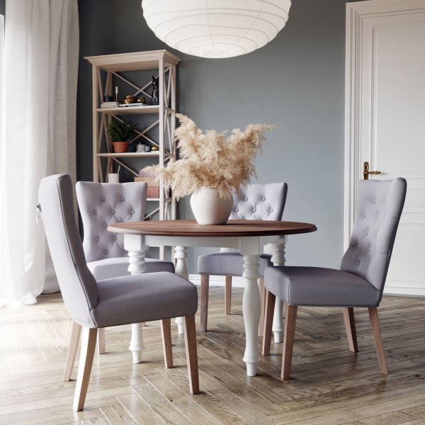 Victoria spisegruppe, rundt spisebord 120 cm med 4 stk. Tuva Kate stoler - Hvit/brunbeiset