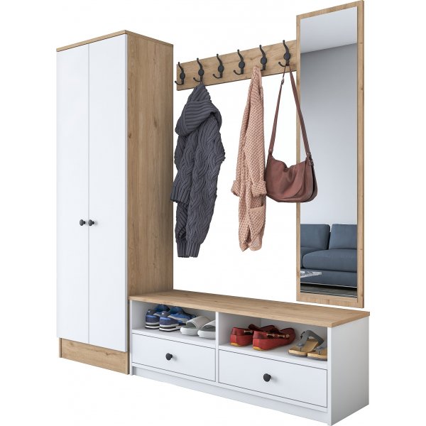 Mendy hallmøbler med speil - Hvit/valnøtt Mendy hallmøbler med speil - Hvit/valnøtt