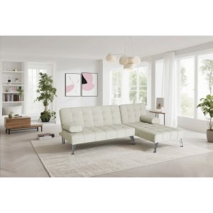 Sovesofa med divan i beige fløyel Sovesofa med divan i beige fløyel