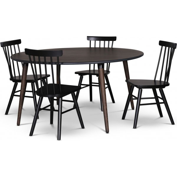 Omni spisegruppe, rundt spisebord 130 cm inkludert 4 stk. svarte Orust pinnestoler - rykfarget eik