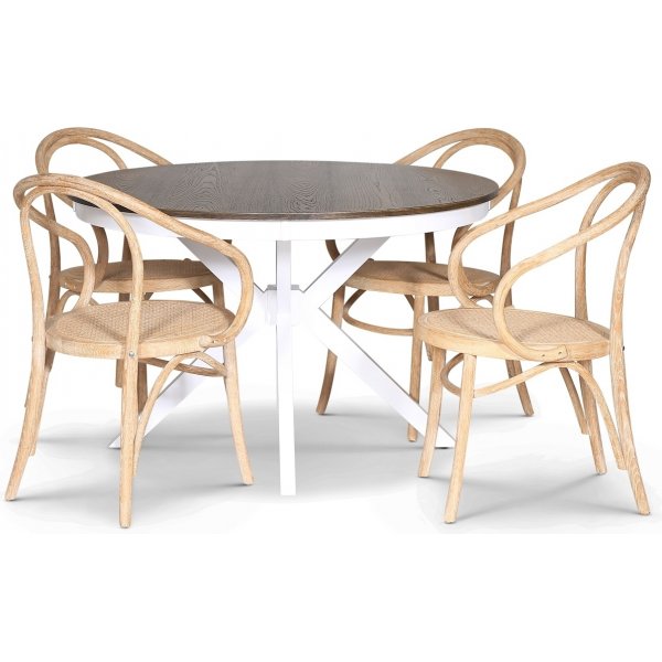 Skagen spisegruppe; rundt spisebord 120 cm - Hvit / brunbeiset eik med 4 stk Danderyd No.30 stoler whitewash