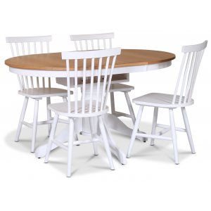 Fitchburg spisegruppe; rundt spisebord 106 /141 cm - Hvit / oljet eik med 4 hvite Karl pinnestoler + 2.00 x Mbelftter