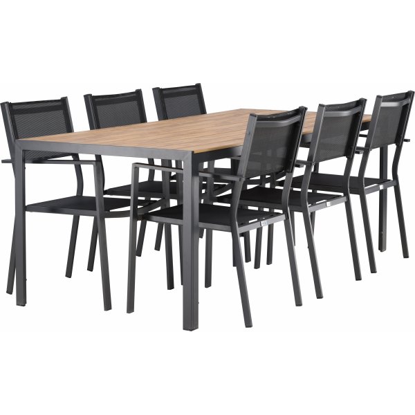 Matvaregruppen i Chania; 6 stoler med bord 205 x 90 cm - Svart/natur Matvaregruppen i Chania; 6 stoler med bord 205 x 90 cm - Svart/natur