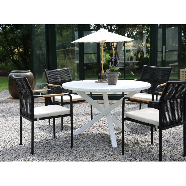 Scottsdale spisegruppe for uteplassen rundt bord med 4 stk. Skanr karmstoler - Svart/Beige/Hvit