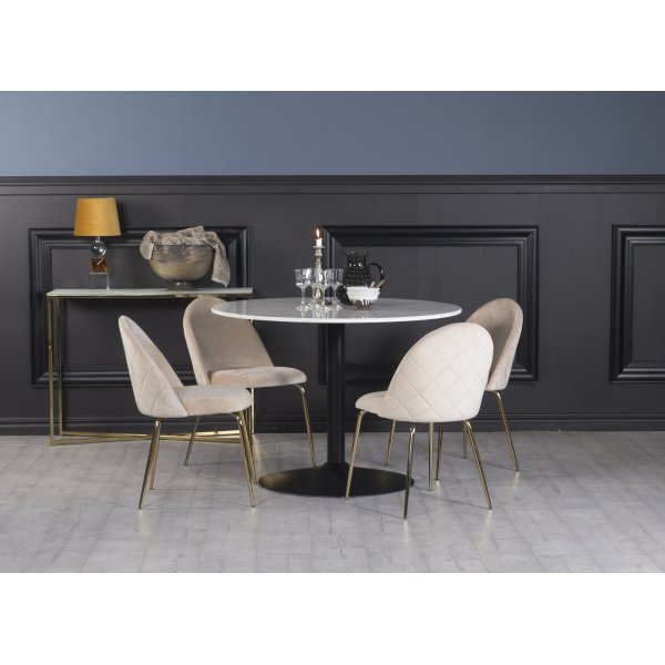 Plaza spisegruppe, marmorbord med 4 st Plaza flyelstoler - Beige/Messing/Svart