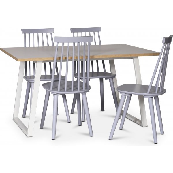 Edge spisegruppe; Spisebord i hvit HPL 140x90 cm med 4 gr Dalsland stokkstoler