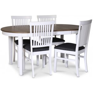 Skagen spisegruppe; spisebord 160/210x90 cm - Hvit / brunoljet eik med 4 stk Fårö stoler med grått stoffsete Skagen spisegruppe; spisebord 160/210x90 cm - Hvit / brunoljet eik med 4 stk Fårö stoler med grått stoffsete