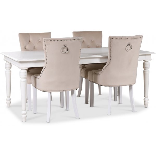 Paris spisegruppe hvitt bord med 4 Tuva Decotique stoler i beige fløyel med håndtak bak Paris spisegruppe hvitt bord med 4 Tuva Decotique stoler i beige fløyel med håndtak bak