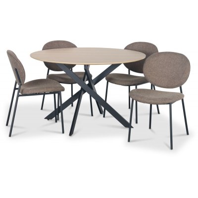 Hogrän spisegruppe Ø120 cm bord i lyst tre + 4 stk Tofta brune stoler