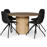 spisegruppe i Nordansjöen; rundt spisebord Ø130 cm + 4 stk Bridge spisestoler, svart PU spisegruppe i Nordansjöen; rundt spisebord Ø130 cm + 4 stk Bridge spisestoler, svart PU