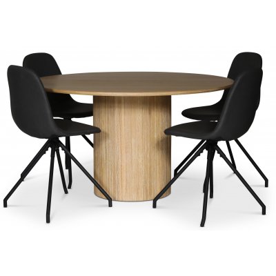 spisegruppe i Nordansjöen; rundt spisebord Ø130 cm + 4 stk Bridge spisestoler, svart PU
