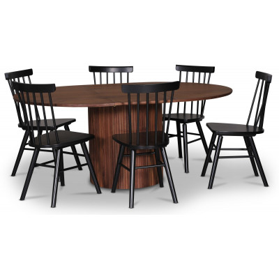 Nova spisegruppe, uttrekkbart spisebord Ø130-170 cm inkl. 6 stk. Orust svarte pinnestoler - Valnøtt