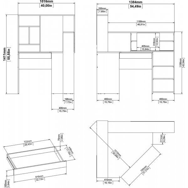 Function Plus skrivebord 138,4 x 101,6 x 141,1 cm - Hvit/eik
