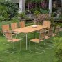 Mllan utegruppe i teak: 8 stoler med spisebord 176x90 cm