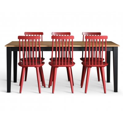 Dalsland spisegruppe: Spisebord i sort/eik med 6 rde knaggstoler