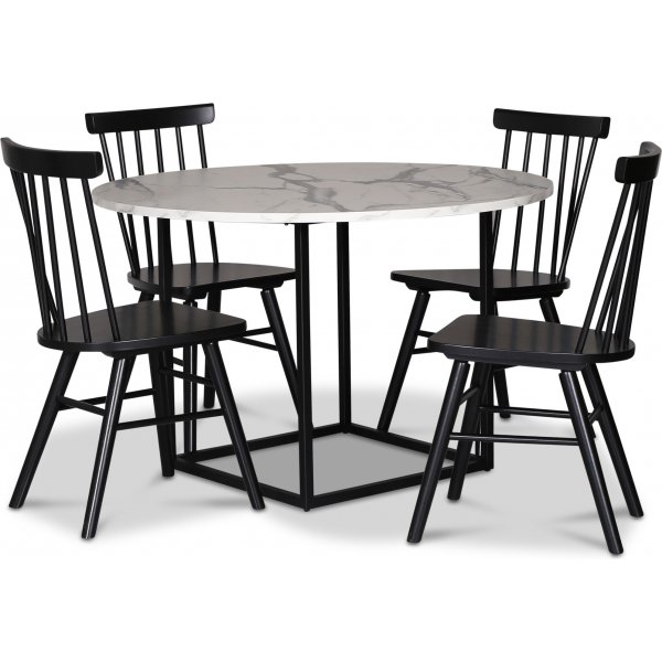 Sintorp spisegruppe, rundt spisebord 115 cm inkludert 4 stk. svarte Orust pinnestoler  hvit marmor (laminat)