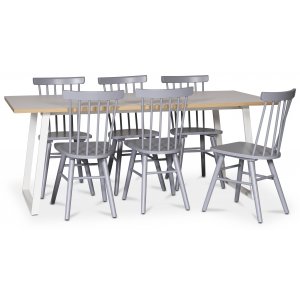 Edge dining gruppe; Spisebord i hvit HPL 190x90 cm med 6 gr Orust stokkstoler + Flekkfjerner for mbler