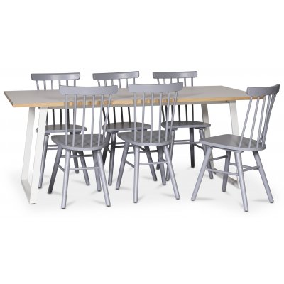 Edge dining gruppe; Spisebord i hvit HPL 190x90 cm med 6 grå Orust stokkstoler